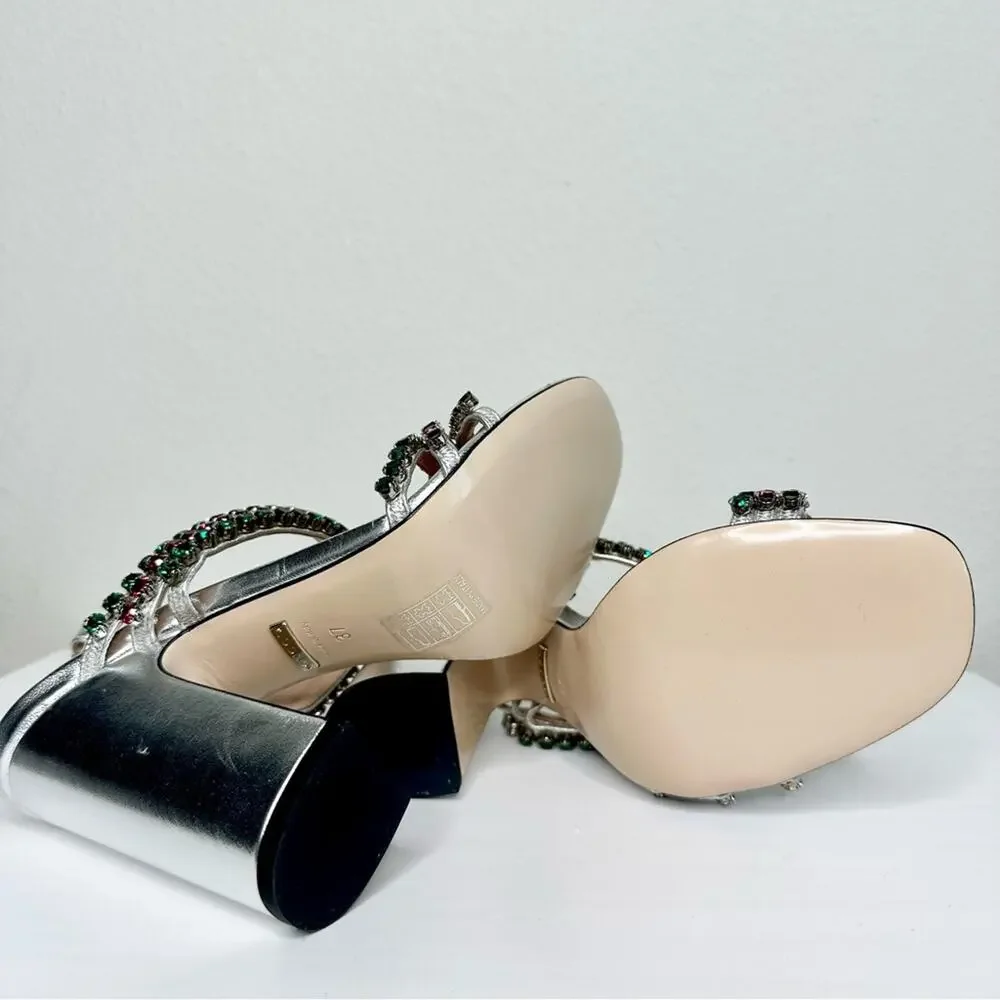 NEW GUCCI Bertie Nappa Leather Crystal Strappy Sandals Size 37 Silver - Picture 9 of 11